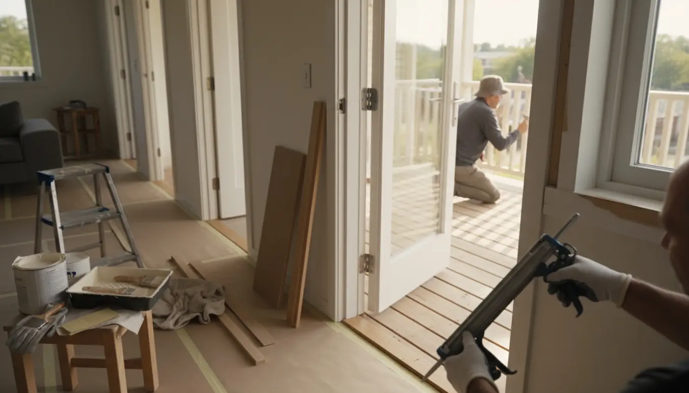 Renovering af terrasse- og indvendigt træværk med montérede lister, malerværktøj og håndværker uden synligt ansigt.