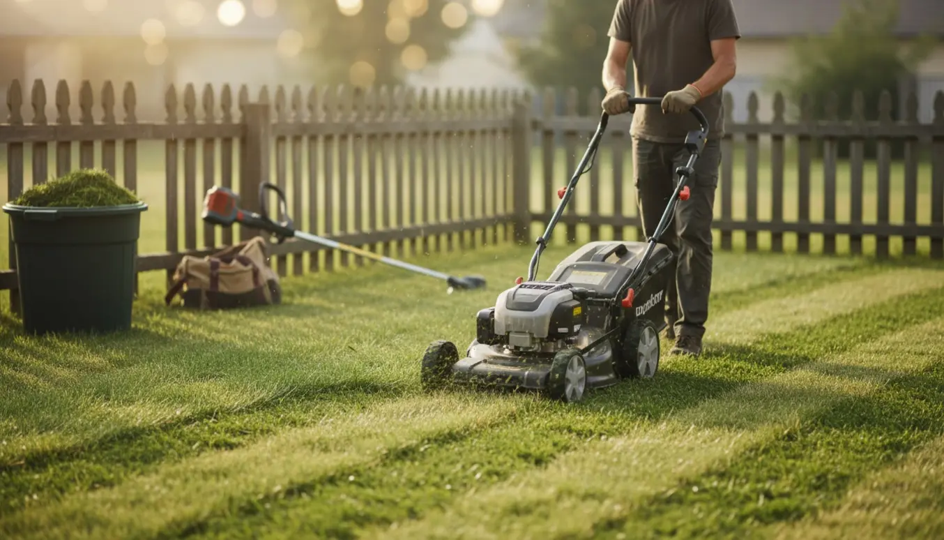 En gartner slår hurtigt græs i en lille baghave med en push-plæneklipper, hvor nyklippet og højere græs tydeligt ses.
