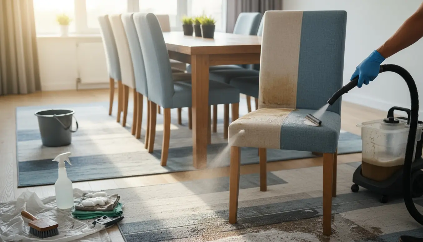 Nogen renser stofstole og store gulvtæpper med en håndholdt ekstraktor og klude i et lyst, luftigt rum.