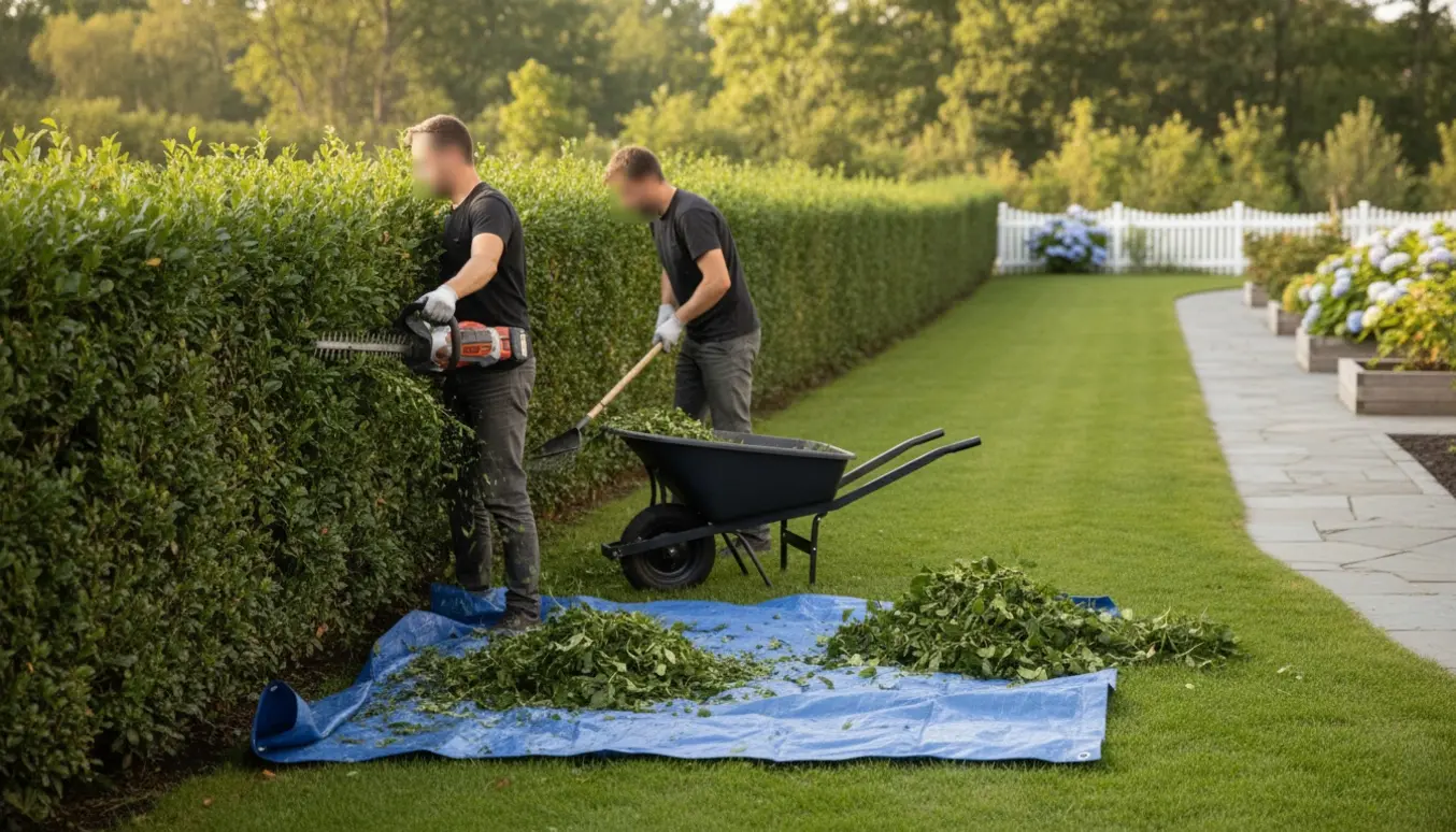 Hæk på hjørnegrund klippes, afklip samles på presenning og i trillebør.