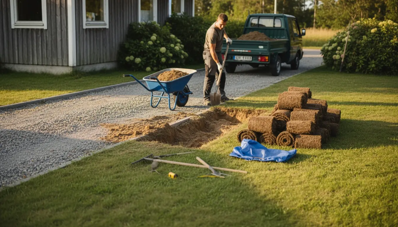 Udsnit af sommerhusindkørsel med opgravet græs, stakkede torvtæpper, trillebør og trailer klar til at køre jord væk.