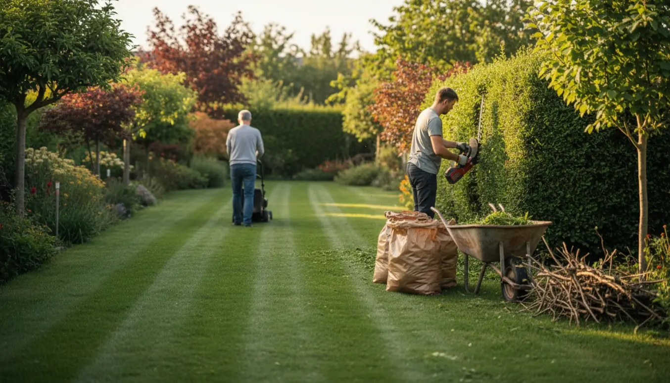 Plæneklipning og hækklipning i en velplejet have med trillebør og opsamlet haveaffald.
