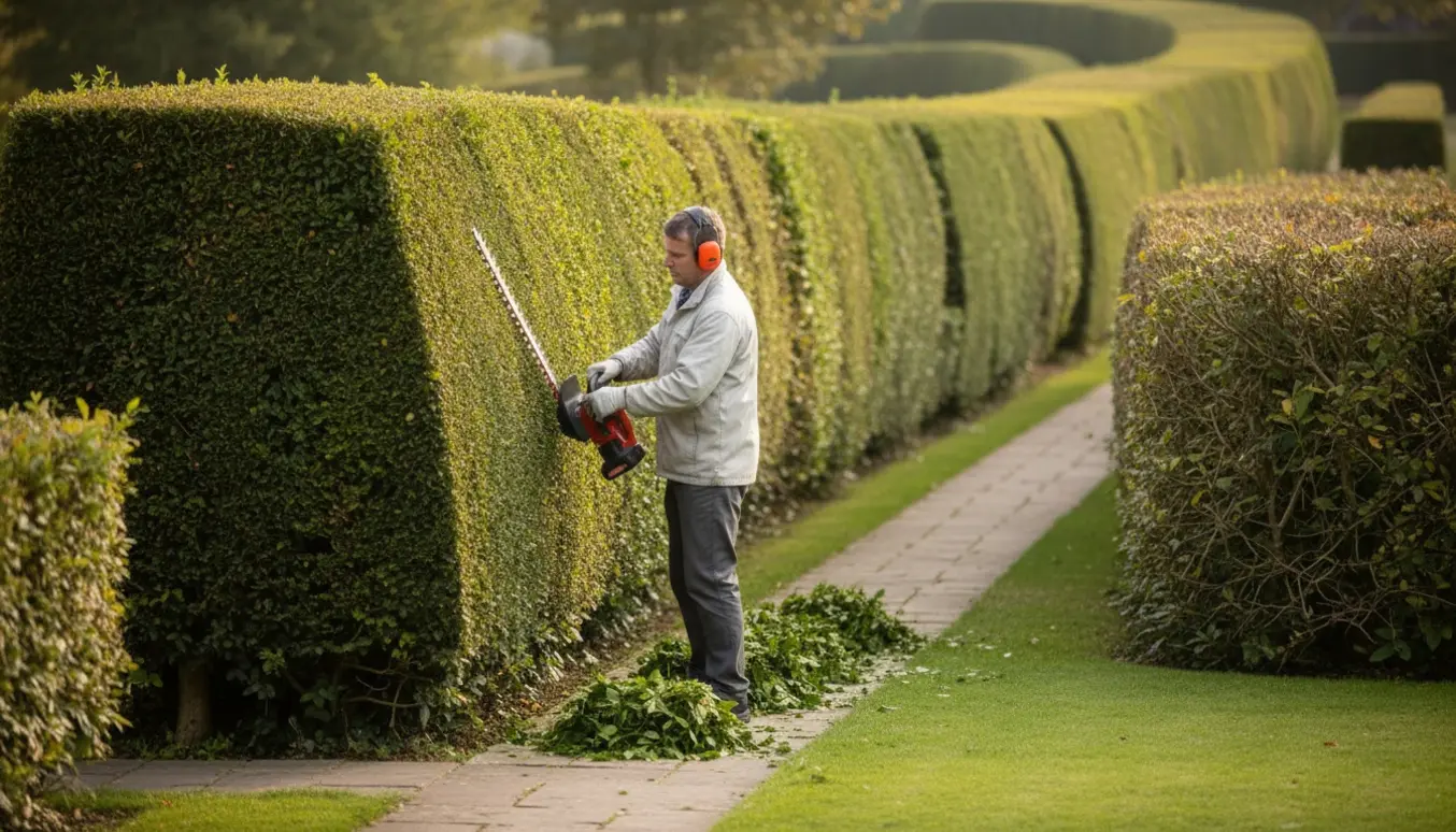 Bagfra set person trimmer indersiden af en lang hæk langs en havegang, med stakke af afklip klar til afhentning.
