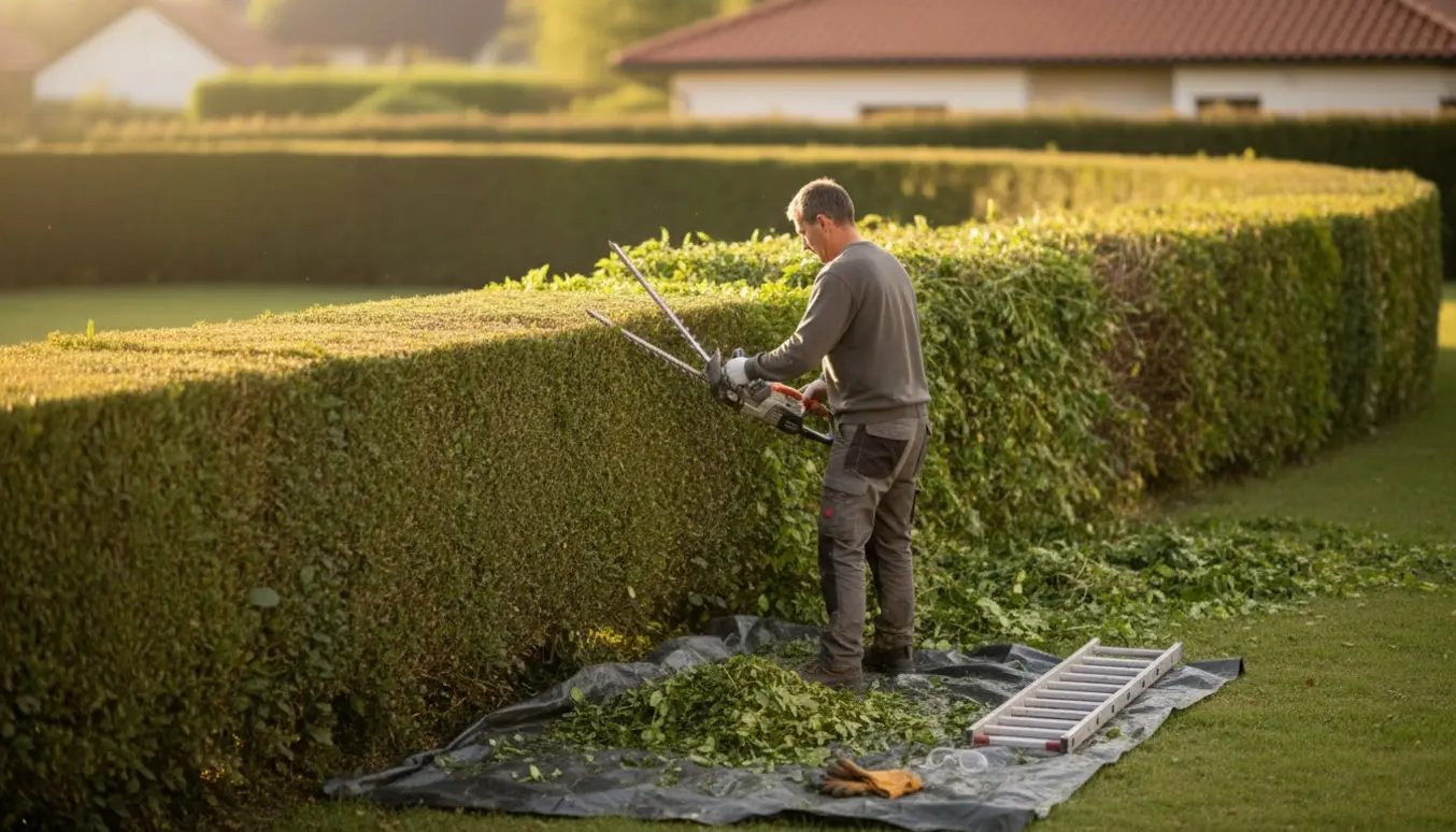 En havearbejder trimmer en lang hæk set bagfra med nyklippede kviste og værktøj i forgrunden.