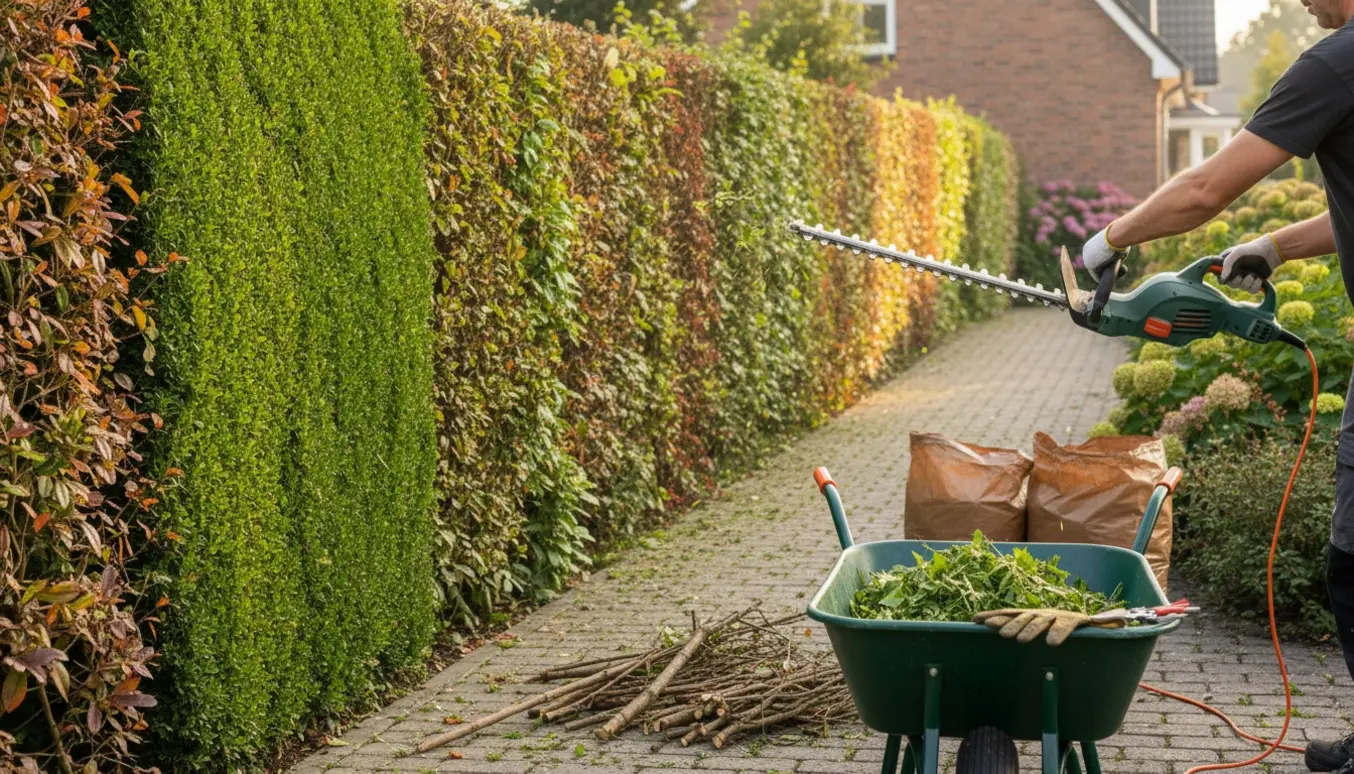 Person set bagfra klipper en ca. 1,8 m høj blandet hæk med en el-hækkeklipper, mens en trillebør fyldes med afklip.