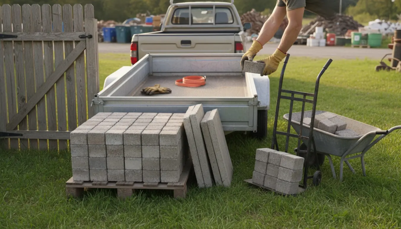 Trailer og stabler af cementfliser i baghaven klar til transport til genbrugsstationen.