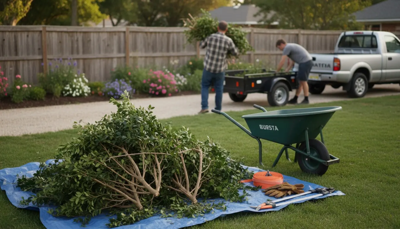 To personer slæber og stabler afklippet ligusterhæk i en baghave mod en trailer.