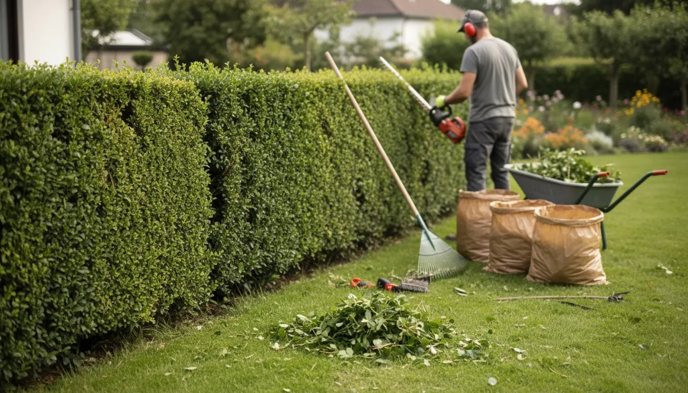 Delvist beskåret hæk med friske afklip i trillebør og haveredskaber klar til oprydning.