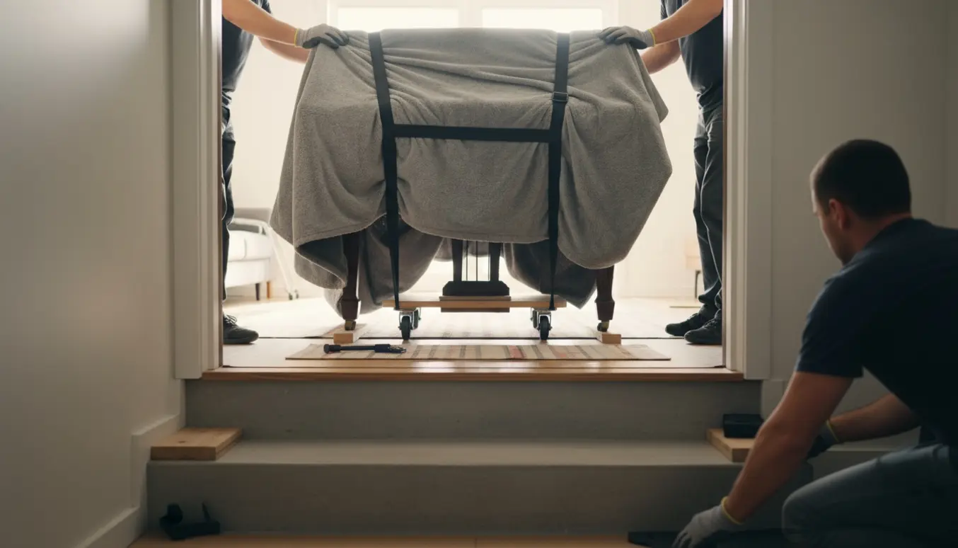 Et indpakket klaver flyttes ud gennem hoveddøren og ned ad en kort trappe, mens flyttefolk stabiliserer det.