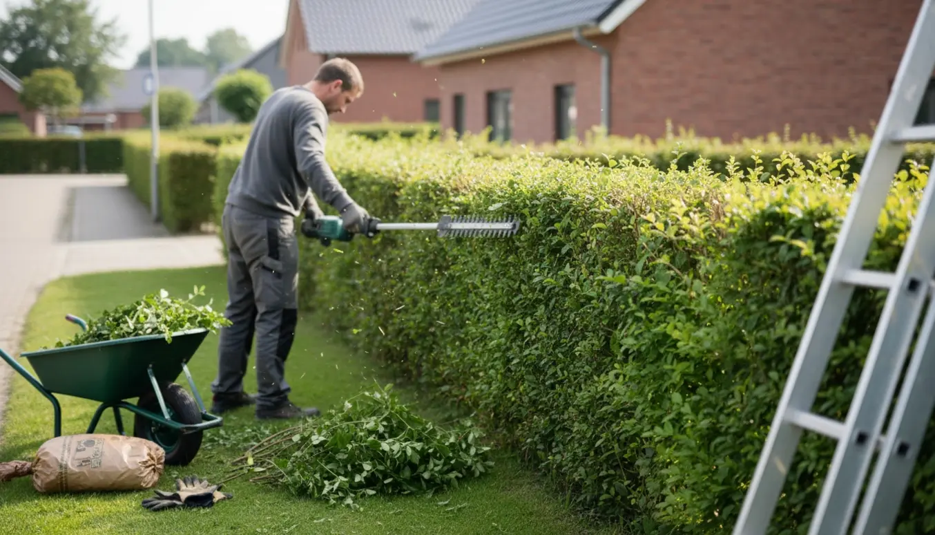 Anonym havearbejder trimmer toppen af en lang hæk fra ydersiden med trillebør og bunker af afklip ved siden af.