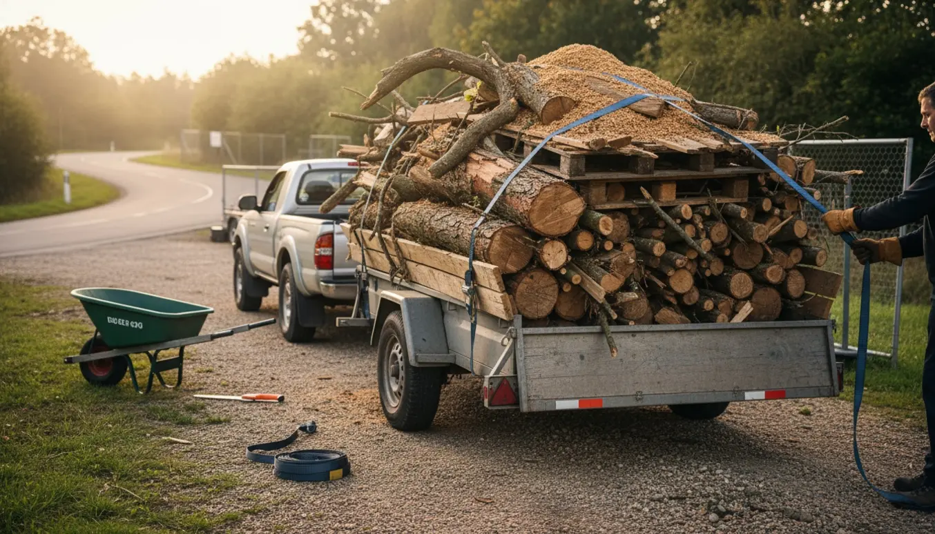 Fyldt trailer med træaffald ved en genbrugsplads klar til aflevering.