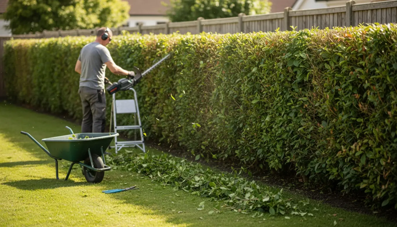 En person klipper en lang, cirka to meter høj hæk i en solrig forstadshave med afklippede grene på græsset.
