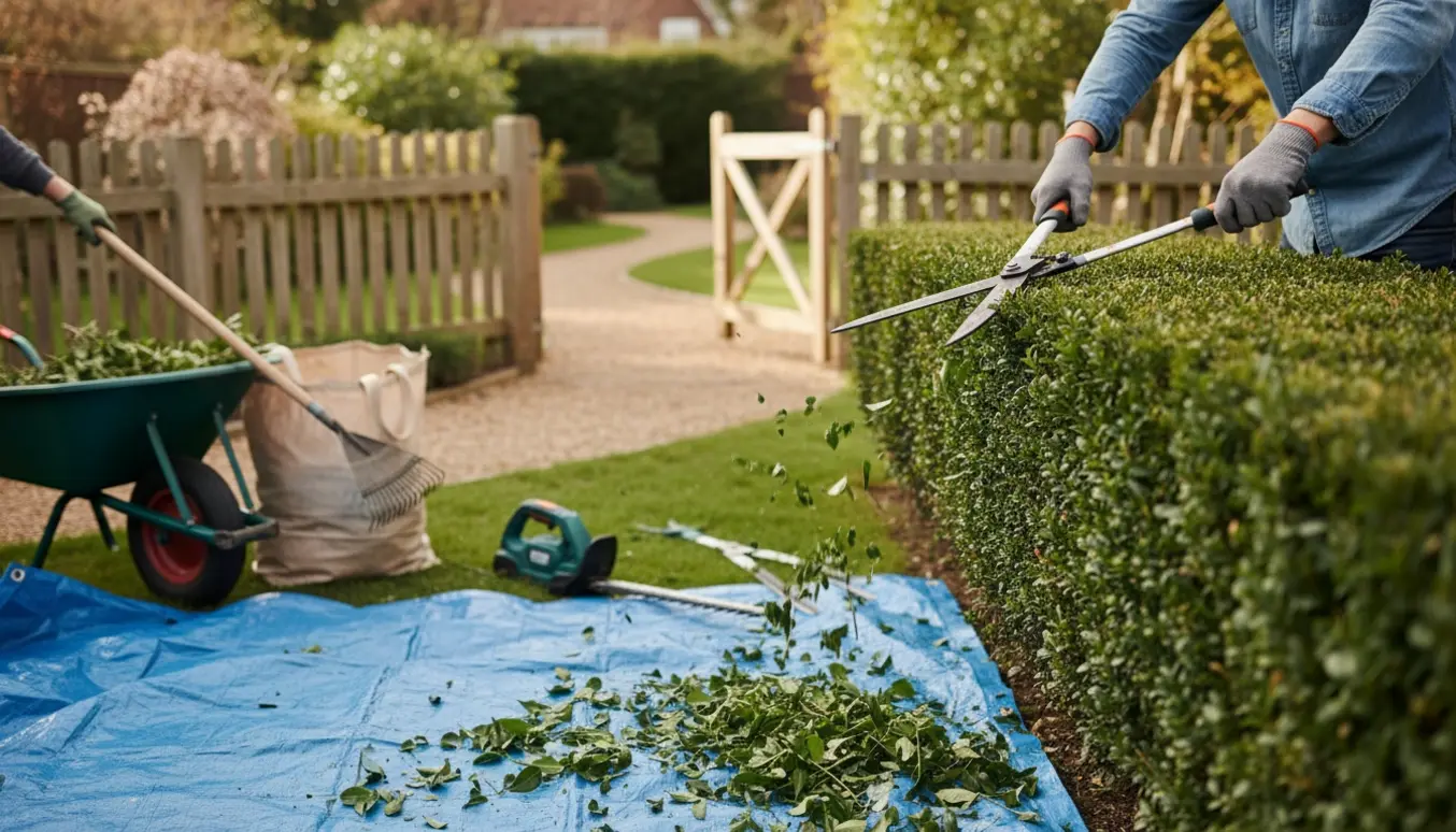 En person trimmer en hæk og samler afklip i trillebør og pose i en solrig have.