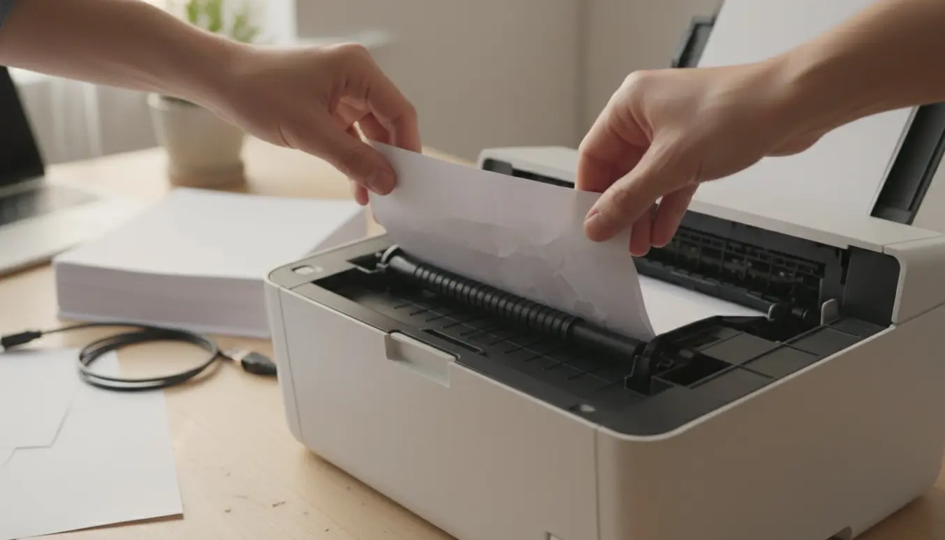 Hænder trækker fastklemt A4-papir ud af en åben kontorprinter i blødt dagslys.