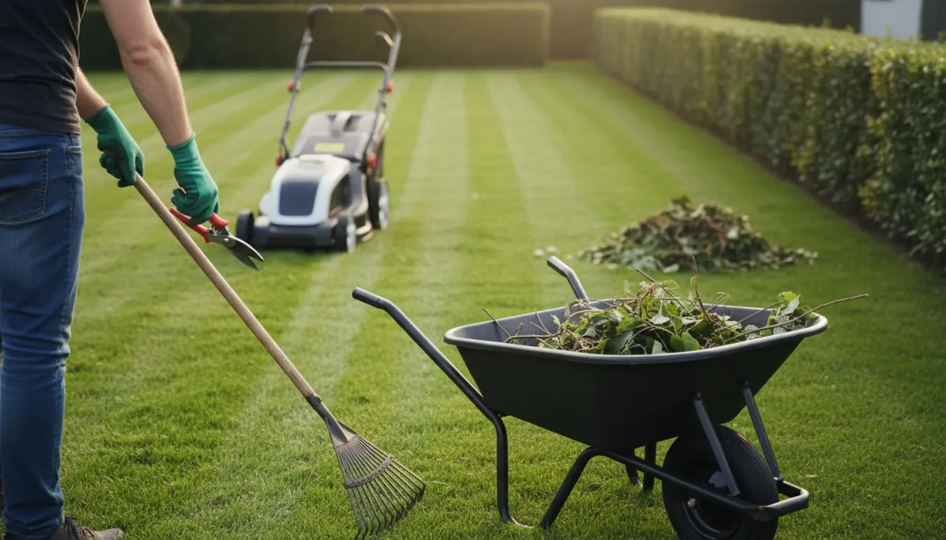 Plæneklipper i brug på en nyklippet græsplæne foran en nytrimmet hæk med haveredskaber i baggrunden.