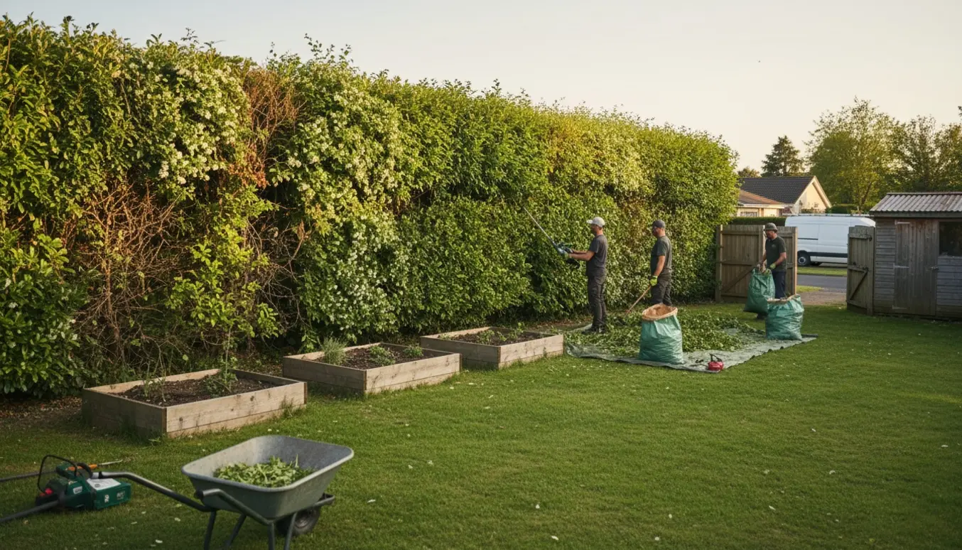Håndværkere klipper en tæt hæk omkring et parcelhuskvarter og samler afklip i sække og en trillebør.