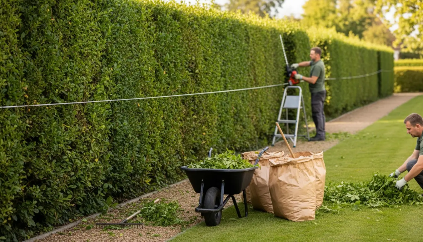 Person klipper en lang tæt hæk og samler afklip i en trillebør.