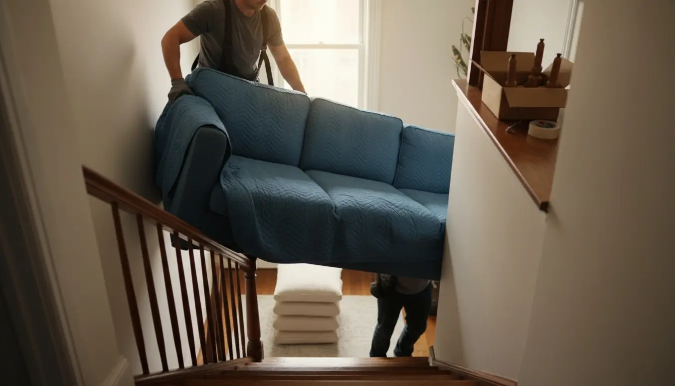 To personer bærer en stor sofa op ad en smal trappe, med hynder tilbage i stuen og afmonterede ben i en kasse.