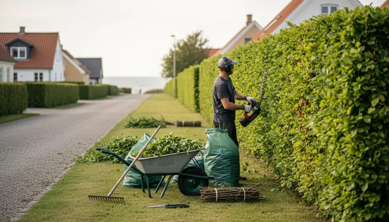Person set bagfra klipper en ca. 2 m høj bøgehæk i Ålsgårde, med trillebør, haveredskaber og poser til hækafklip.