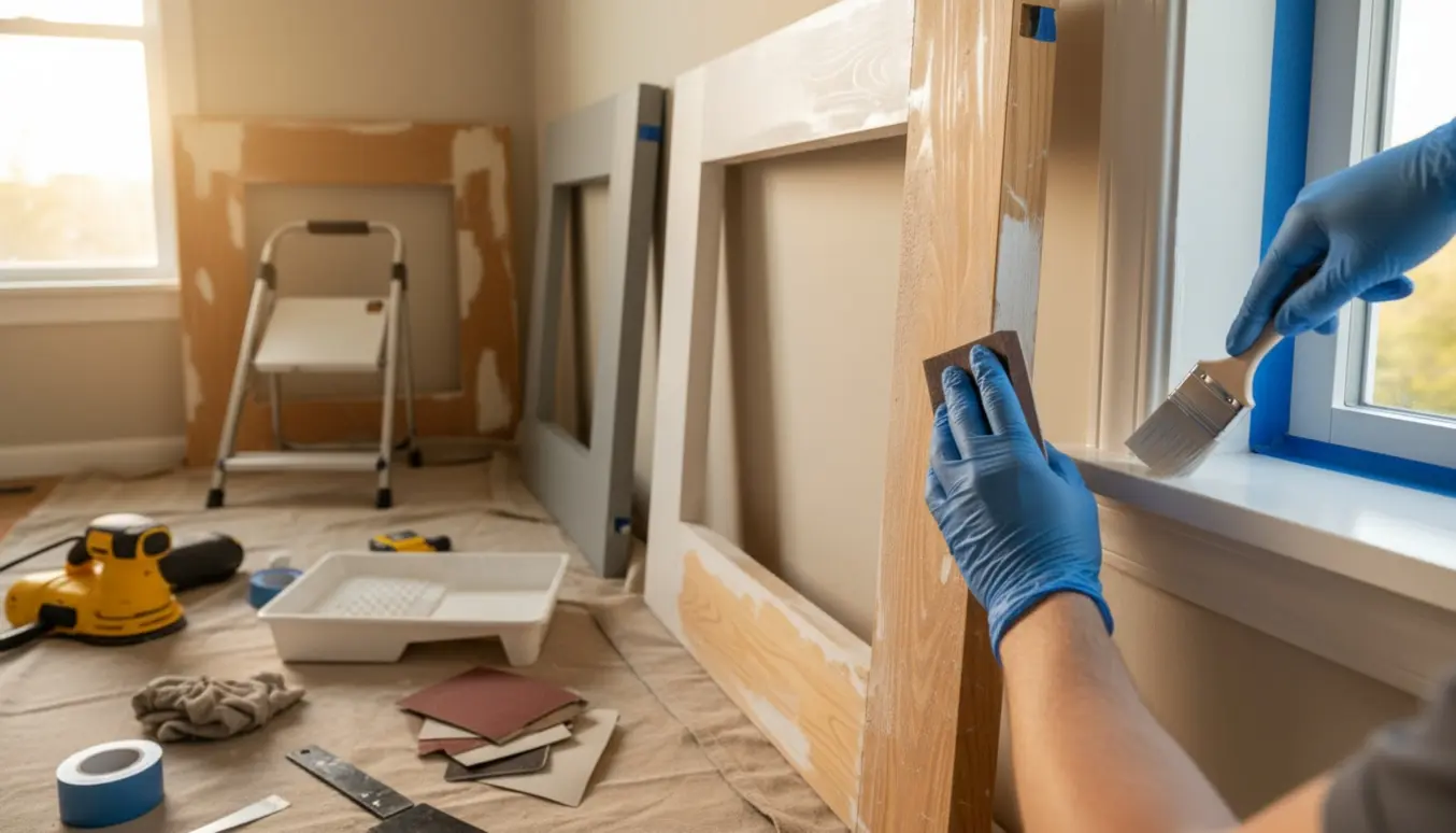 Nærbillede af hænder, der sliber og maler dørkarme og vindueskarme indendørs i blødt naturligt lys.