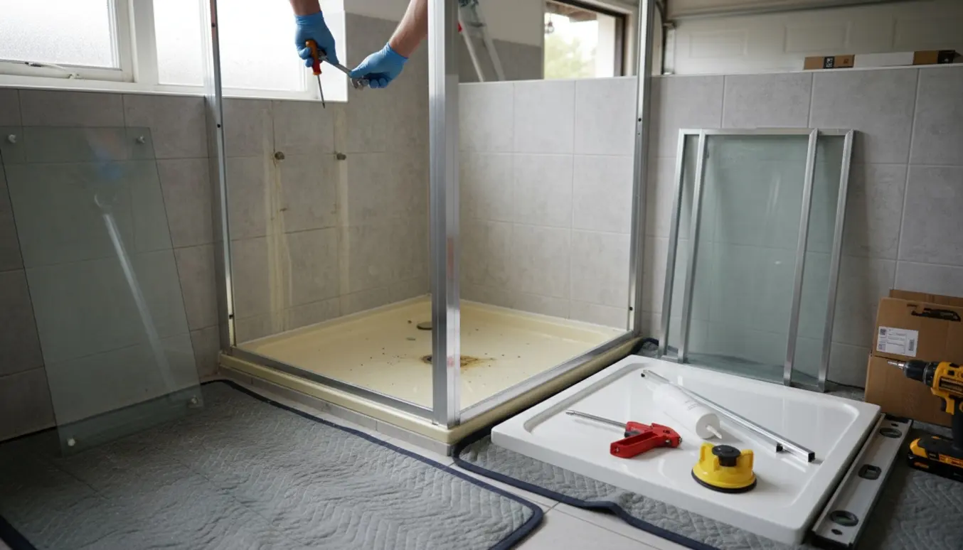 Udskiftning af en fritstående brusekabine med værktøj og nye brusedele i et lyst flisebadeværelse.