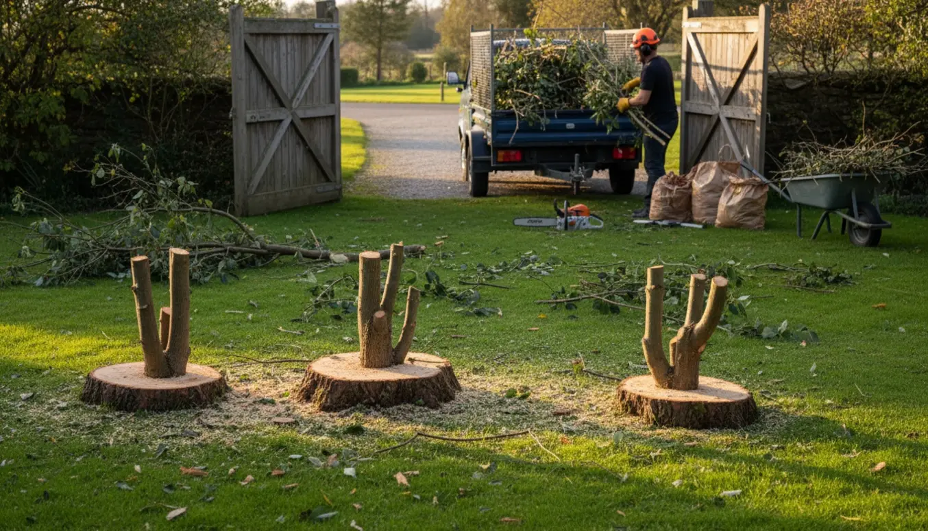 Fældet mindre træ med grene samlet og læsset i trailer ved en åben dobbeltlåge.