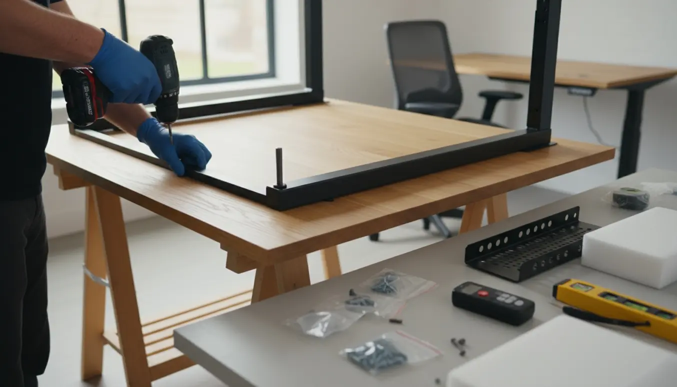 Hænder monterer et højdejusterbart skrivebord med træbordplade og metalben i et lyst værksted.