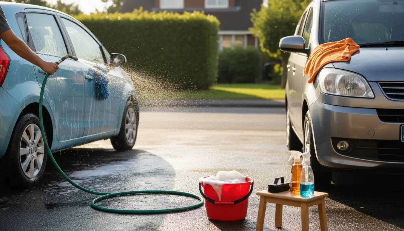 To hverdagsbiler vaskes i en solrig indkørsel med spand, haveslange og mikrofiberklude.