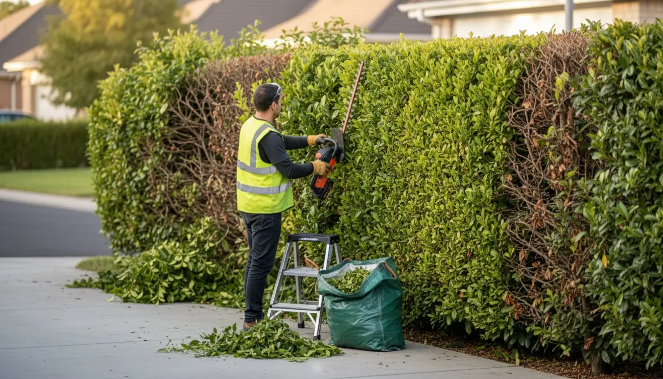 En person klipper en stor, overgroet hæk langs vej og indkørsel med en hækkeklipper, hvor før- og efterklip er synligt.