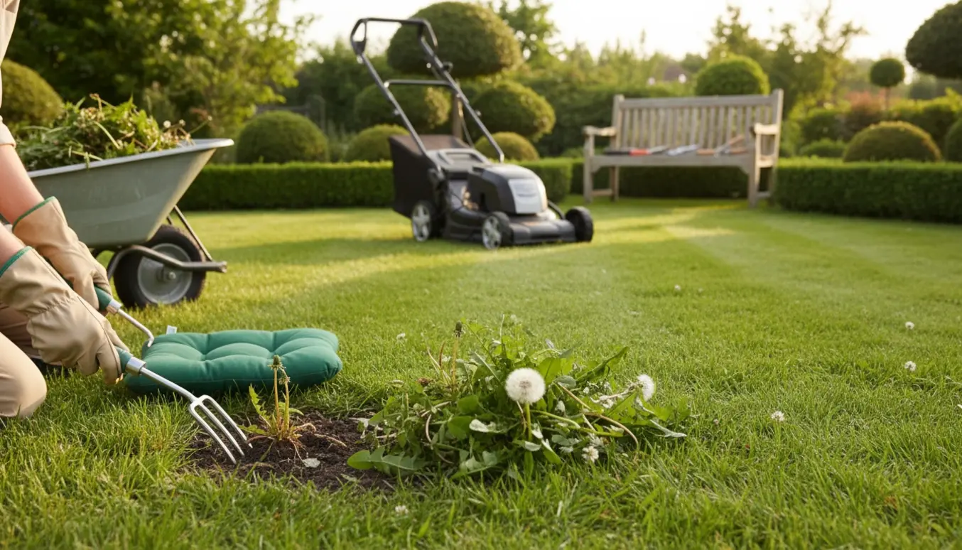 Velholdt have med nyklippet græs, beskårne buske og hænder, der luger ukrudt.