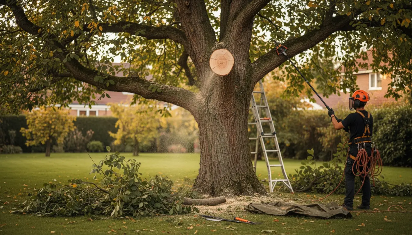 Arborist beskærer en trækrone i en have med kviste samlet og sikkerhedsudstyr synligt.