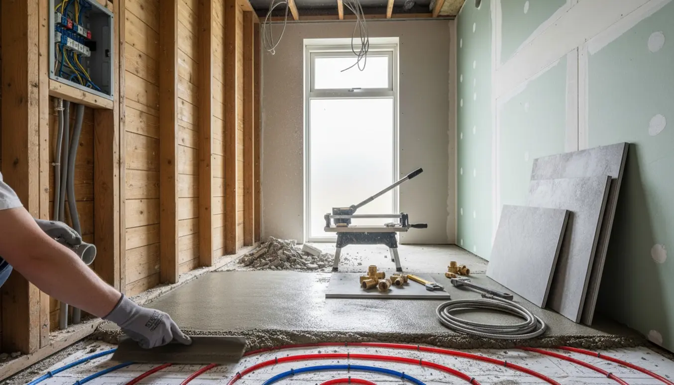 Lille dansk badeværelse under renovering med opbrudt gulv, synlige gulvvarmerør og vådrumsgips klar til opbygning.