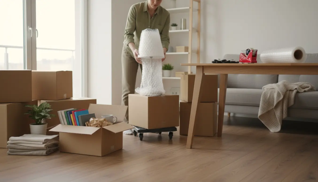 To personer organiserer små flyttekasser og pakker i en lys, moderne lejlighed, kun hænder og overkroppe synlige.