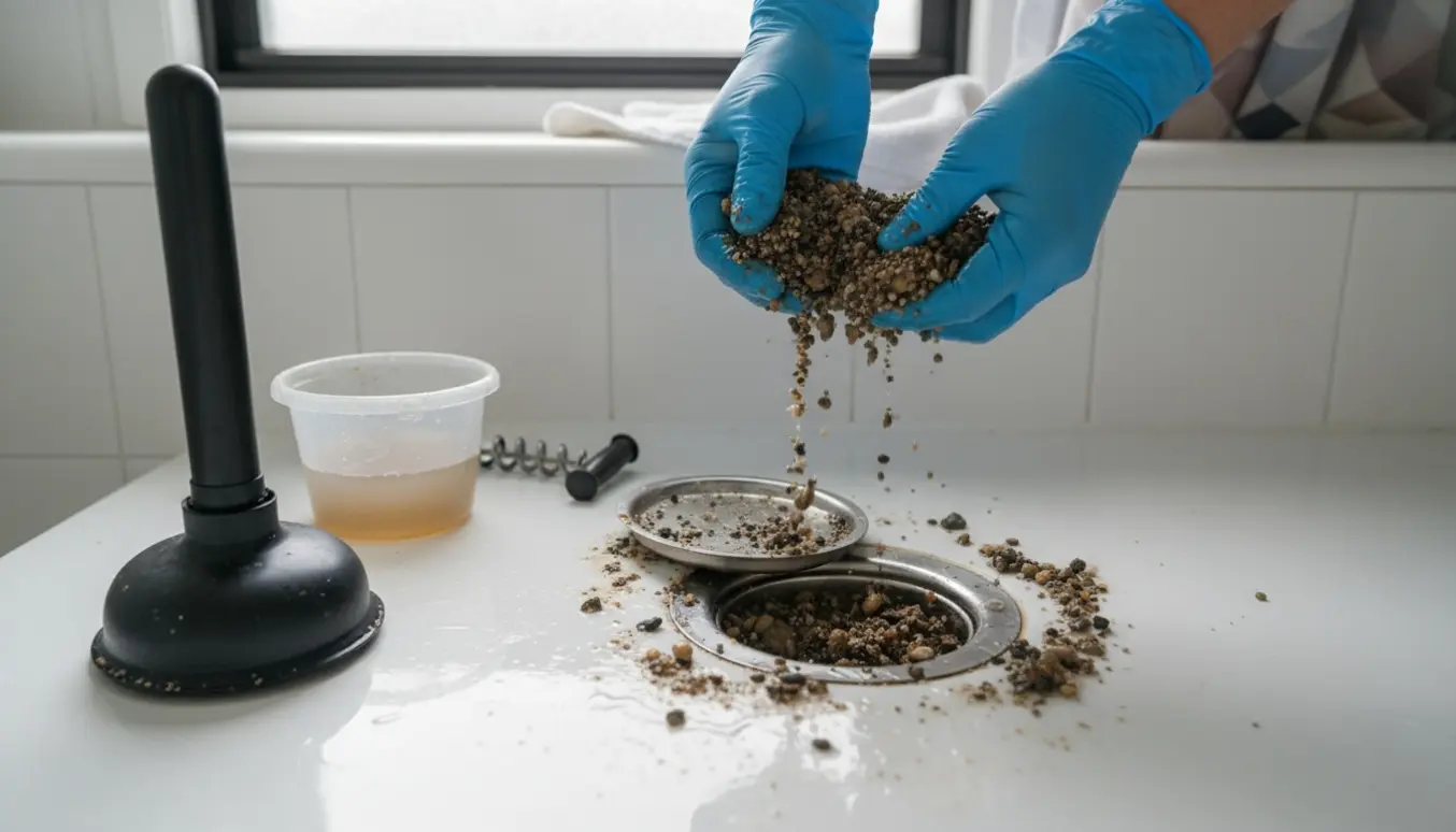 Stoppet badeværelsesafløb med mudret vand og hænder i gummihandsker, der fjerner grus.