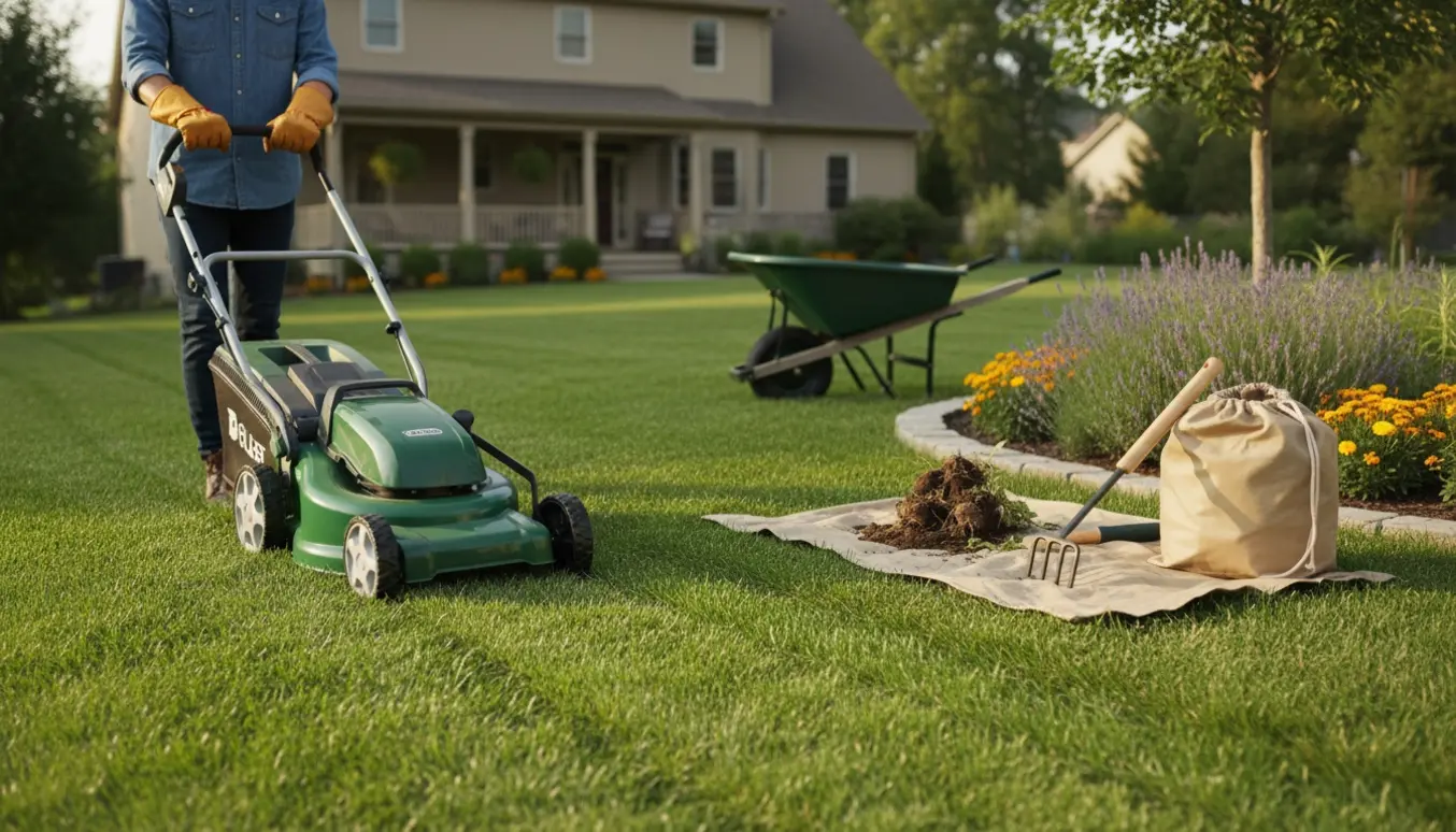 Nærbillede af græsslåning og fjernelse af ukrudt i en velplejet forhave.