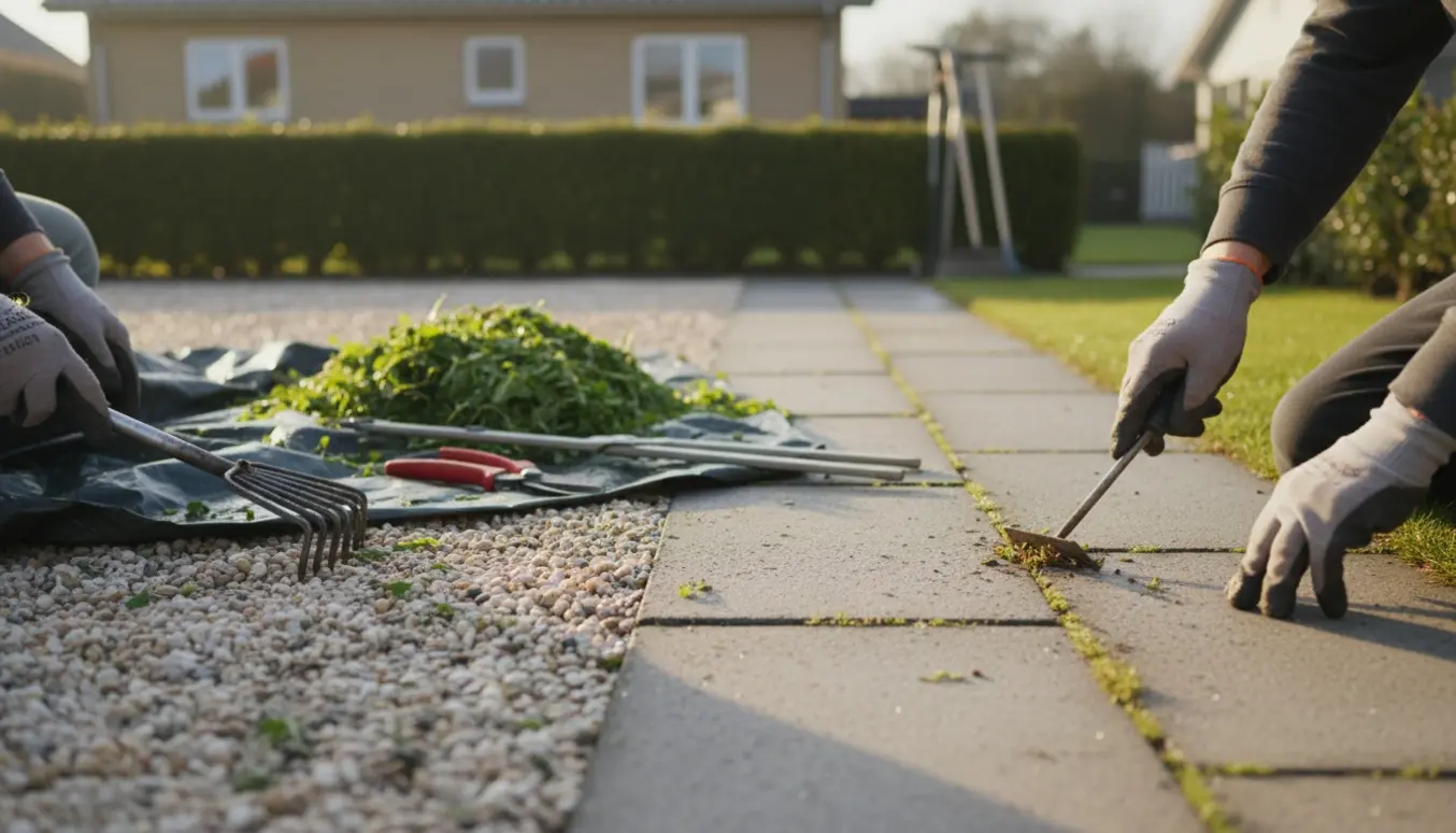 Hænder fjerner ukrudt fra perlesten og mellem fliser med en nyklippet hæk i baggrunden.