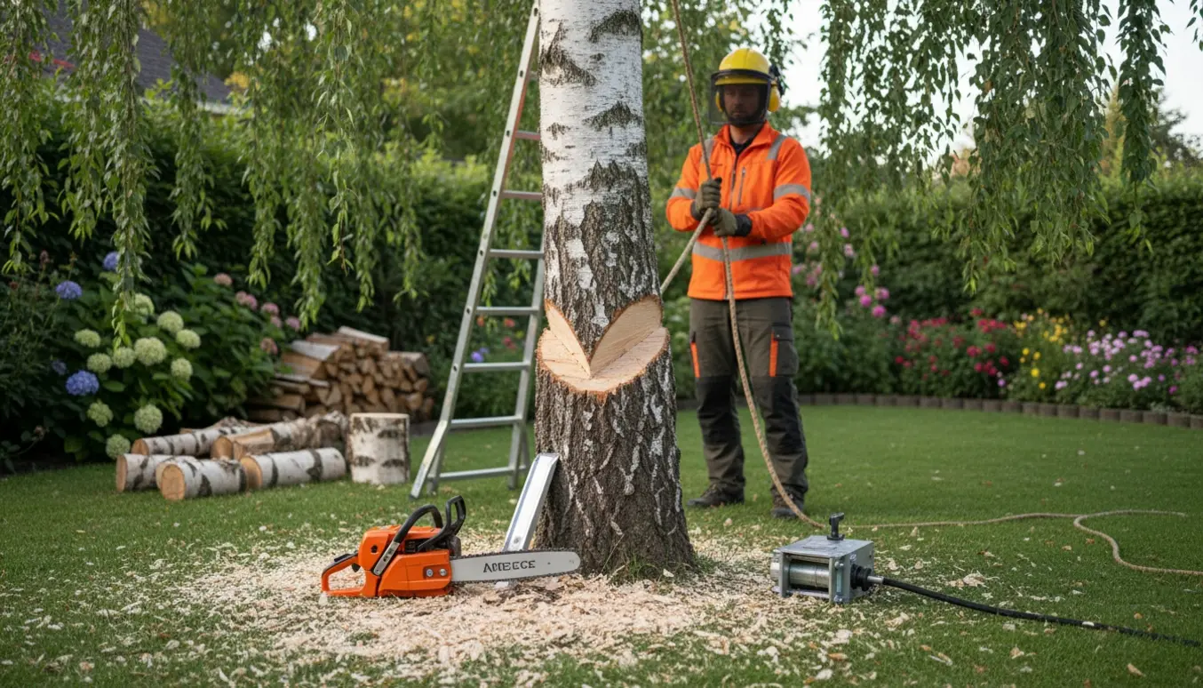 En fagperson fælder en ca. 5 m høj hængebirk i en have med motorsav, reb og kløvekiler synlige.