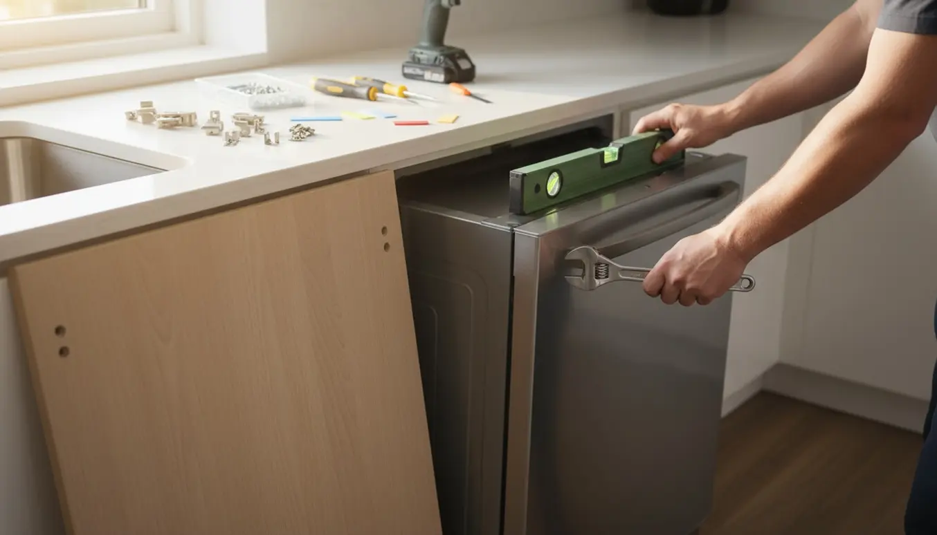 Hænder justerer en indbygget IKEA-opvaskemaskine med vaterpas klar til montering af frontlåge.