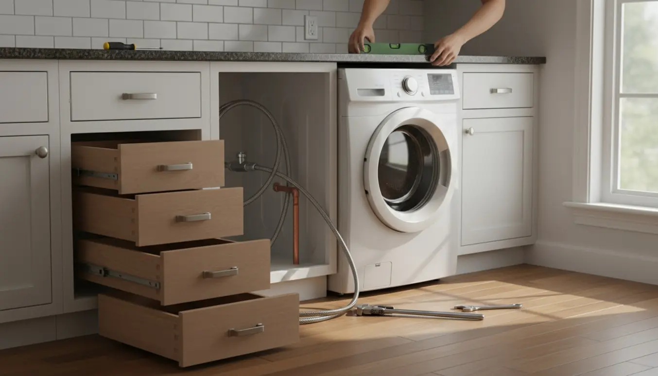Halvmonteret vaskemaskine i et køkkenskab med værktøj, fjernede skuffer og ny vandtilslutning synlig.