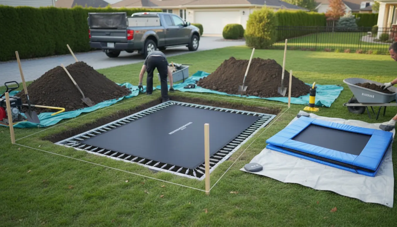 Installation af nedgravet trampolin i en baghave med jord på presenning og værktøj klar til bortkørsel.
