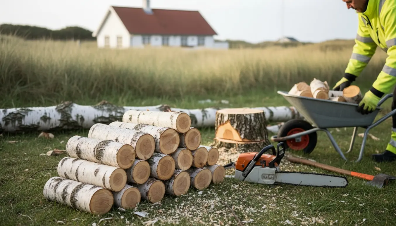 Nyfældet birketræ skåret i ensartede stykker stablet med sav og savsmuld i forgrunden.