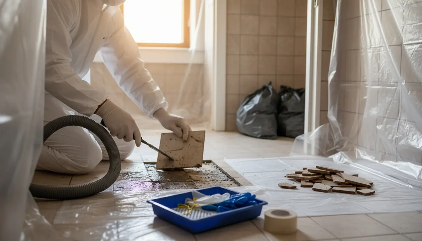 Badeværelse hvor fliser med asbest fjernes af en person i beskyttelsesdragt med værktøj, plast og forseglede affaldsposer.
