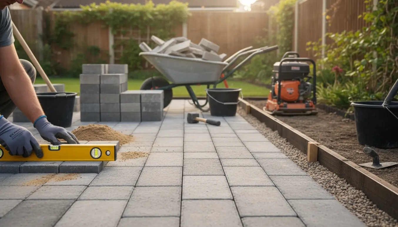 Lang smal baghave hvor nye fliser lægges, med værktøj og bunker af gamle fliser i baggrunden.