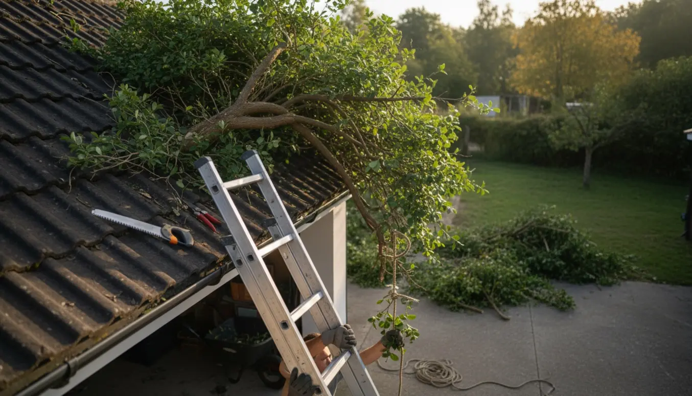 En person på stige klipper en busk, der vokser over garagetaget, med beskæreredskaber og en bunke af afklip ved skovkanten.