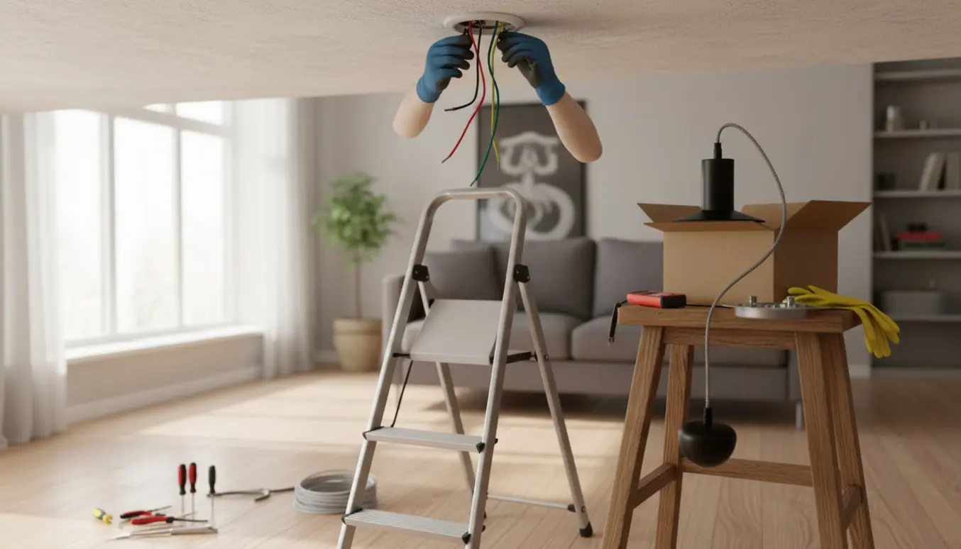 Hænder på en stige udskifter et lampeudtag i en lys stue med værktøj og nyt lampeudtag ved siden af.
