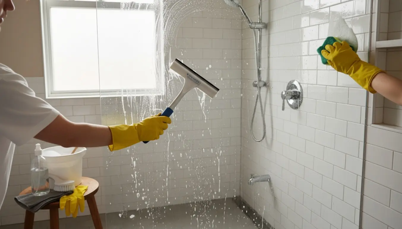 Gummihandskede hænder fjerner kalk fra bruseglas og fliser i et lyst badeværelse.