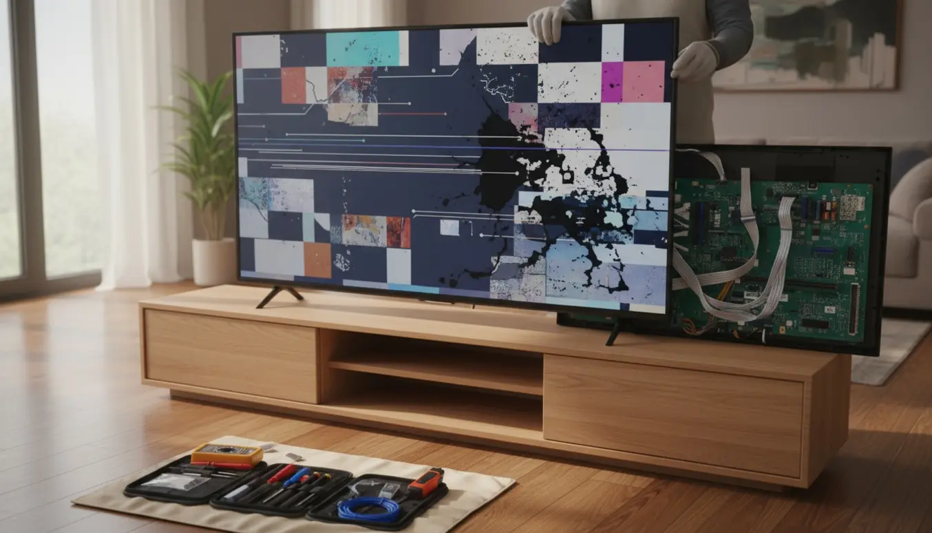 En tekniker undersøger en fladskærm med ødelagt billedvisning og værktøj i en lys stue.