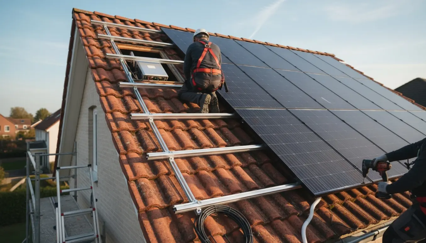 Tekniker monterer solpaneler på to tegl-tagflader, mens kabler føres mod teknikrum.