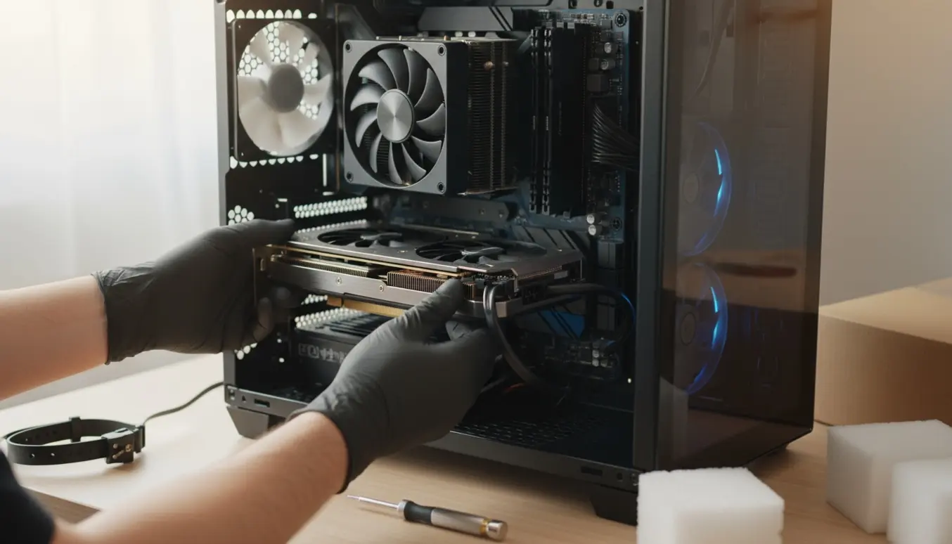 Nærbillede af hænder, der monterer et nyt grafikkort i en åben stationær PC.
