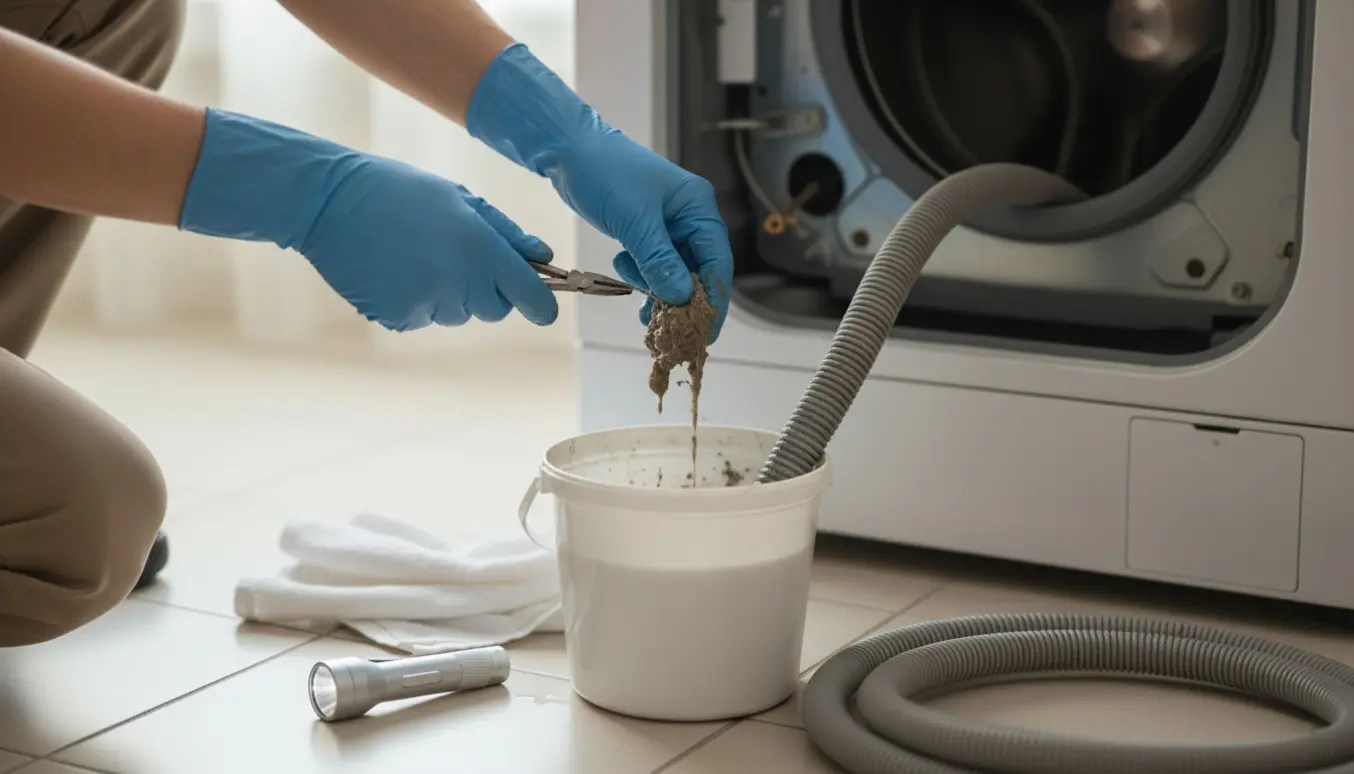 Hænder fjerner en prop af vådt fnug fra en vaskemaskines afløbsslange over en spand.